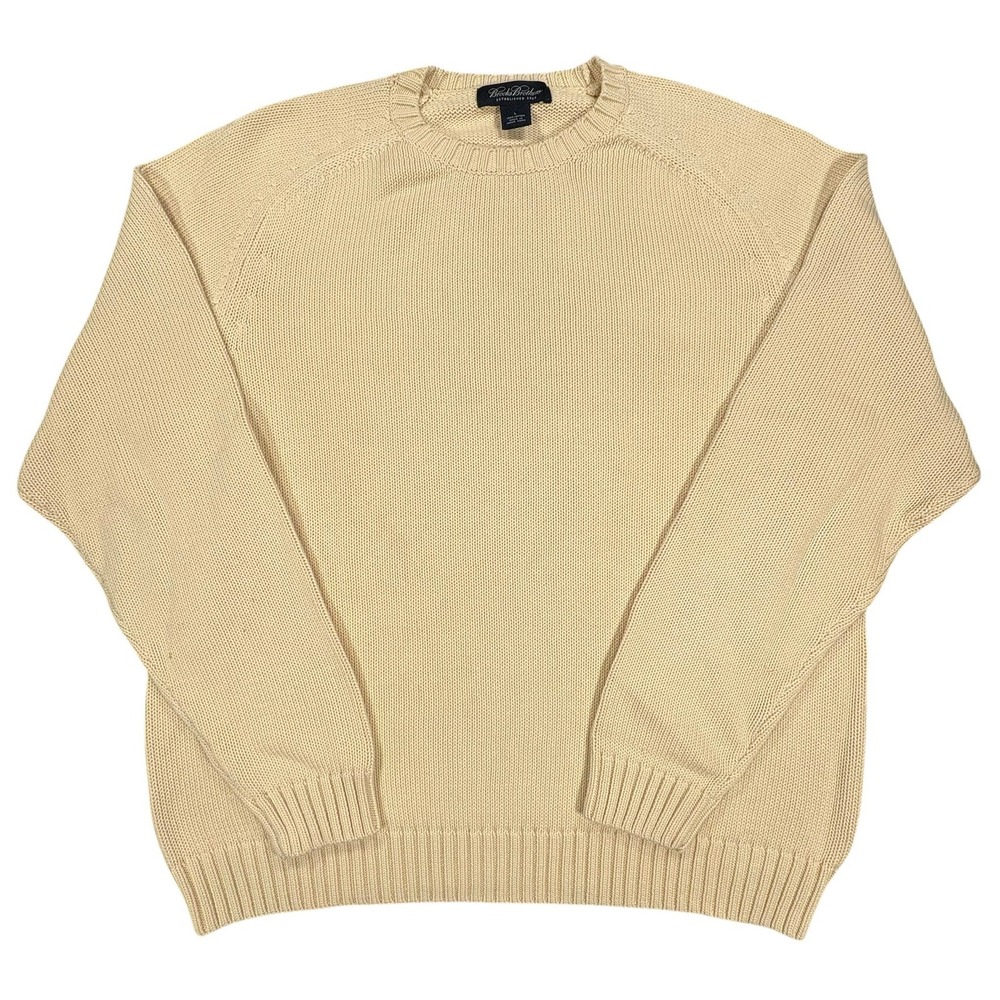Brooks Brothers Crew Neck Sweater Mens L Beige Cotton Shaker Knit Raglan Sleeves